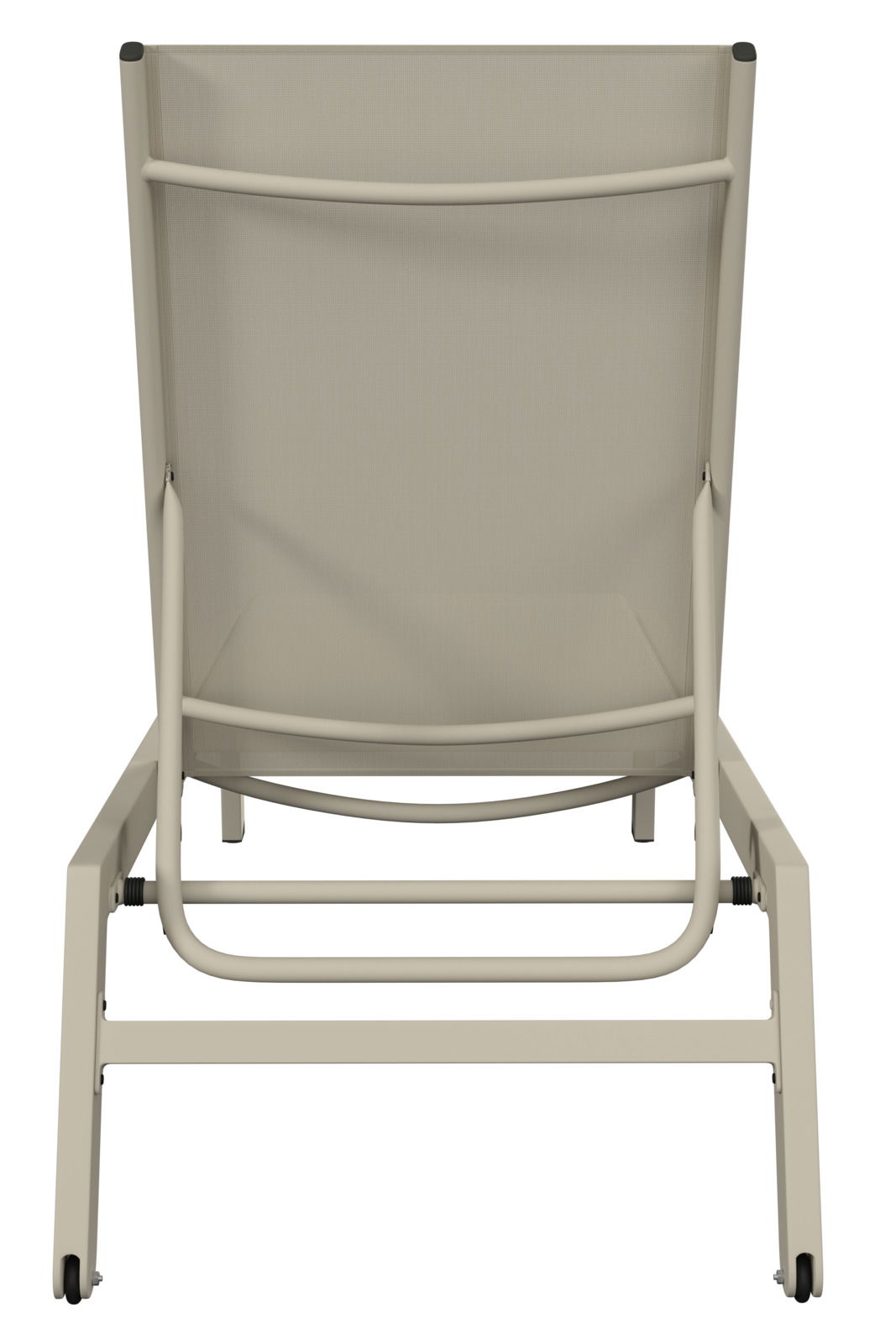 Rückansicht einer beigen Sonnenliege mit stabilem Metallrahmen.