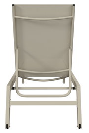 Rückansicht einer beigen Sonnenliege mit stabilem Metallrahmen.