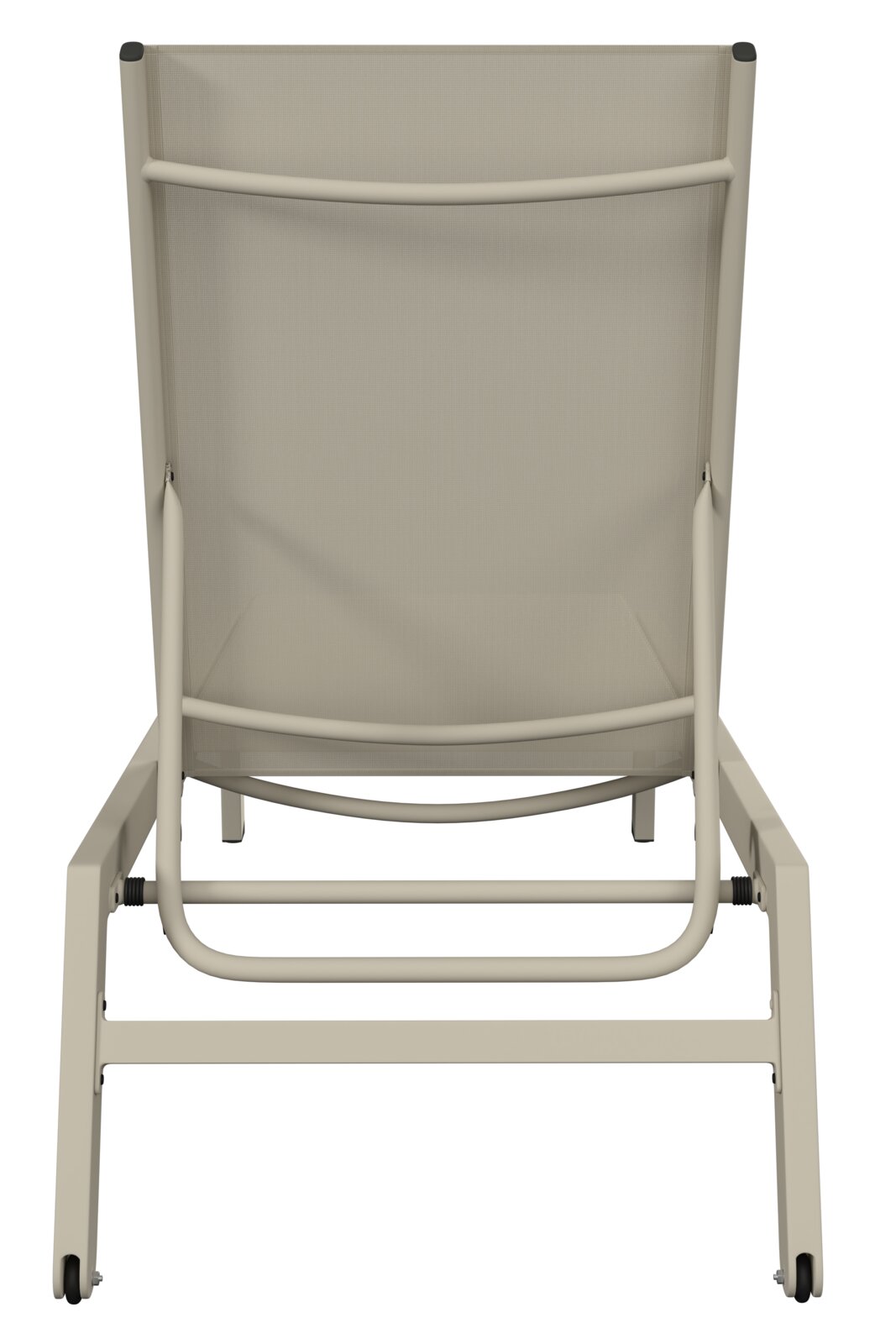 Rückansicht einer beigen Sonnenliege mit stabilem Metallrahmen.