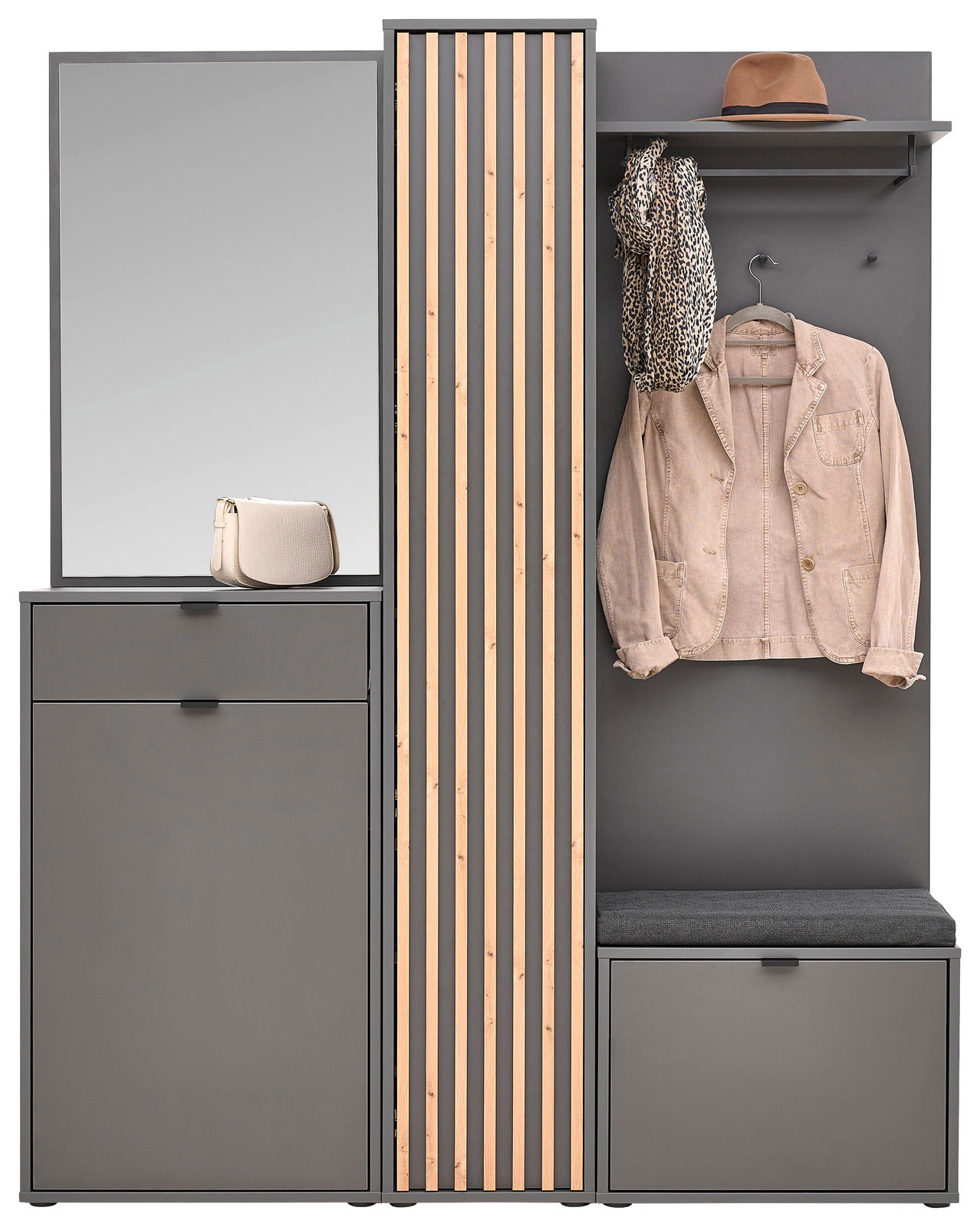 Kompaktgarderobe in grauer Farbe mit Spiegel, Kleiderhaken, Ablage und Sitzbank, frontal betrachtet.