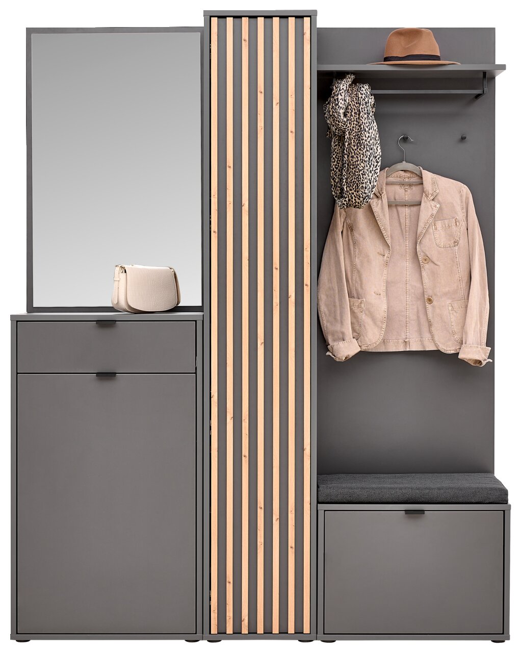 Kompaktgarderobe in grauer Farbe mit Spiegel, Kleiderhaken, Ablage und Sitzbank, frontal betrachtet.