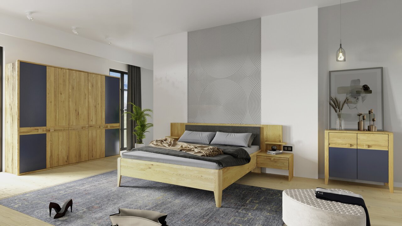 Moderner, fünftüriger Drehtürenschrank aus Holz mit dunklen Akzenten, in einem stilvoll eingerichteten Schlafzimmer, seitliche Perspektive.