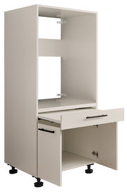 Weißer Küchen-Hochschrank mit offenem oberen Fach, ausgezogener Schublade und geöffneter unterer Tür, schwarze Griffe und verstellbare Füße, Ansicht schräg von vorn rechts.