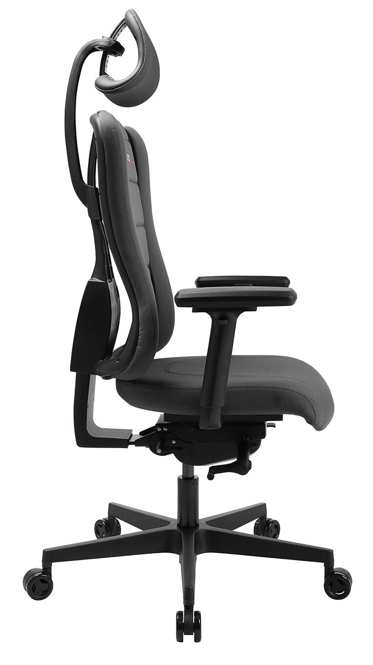 Seitliche Ansicht eines schwarzen Gaming-Stuhls mit ergonomischer Rückenlehne und Kopfstütze.