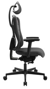 Seitliche Ansicht eines schwarzen Gaming-Stuhls mit ergonomischer Rückenlehne und Kopfstütze.