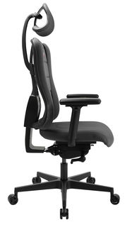 Seitliche Ansicht eines schwarzen Gaming-Stuhls mit ergonomischer Rückenlehne und Kopfstütze.