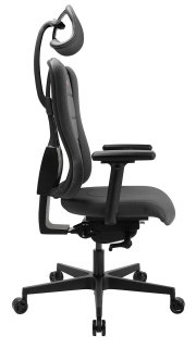 Zijaanzicht van een zwarte gamingstoel met ergonomische rugleuning en hoofdsteun.