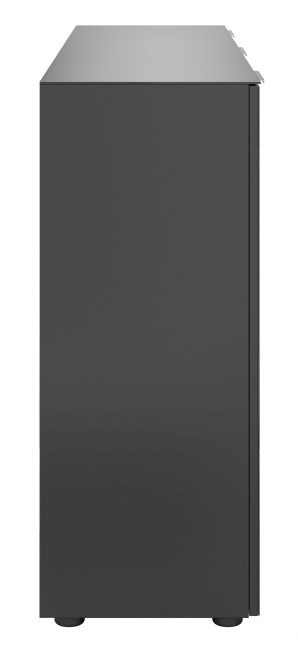 Seitenansicht eines modernen, schwarzen XL-Sideboards mit glatter Oberfläche.