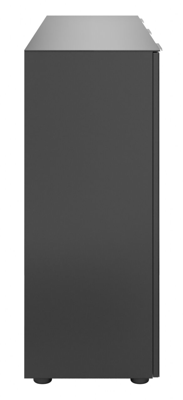 Zijaanzicht van een modern, zwart XL-dressoir met een glad oppervlak.