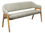 Sitzbank mit grauem Stoffbezug und Holzbeinen, seitliche Perspektive