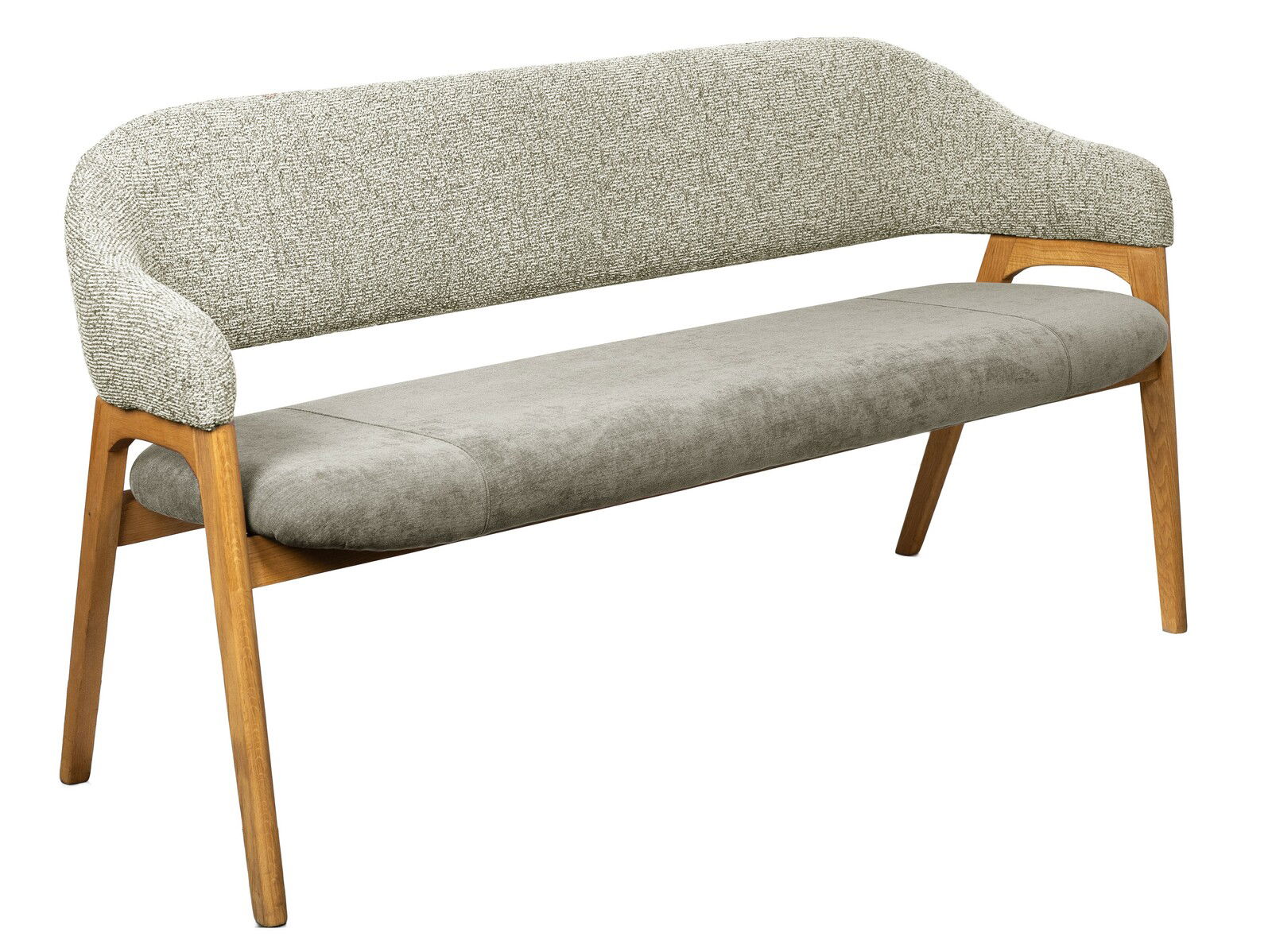 Sitzbank mit grauem Stoffbezug und Holzbeinen, seitliche Perspektive