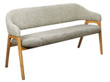 Sitzbank mit grauem Stoffbezug und Holzbeinen, seitliche Perspektive