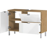 Moderner Unterschrank aus Holz mit weißen Türen, teilweise geöffnet, seitliche Perspektive