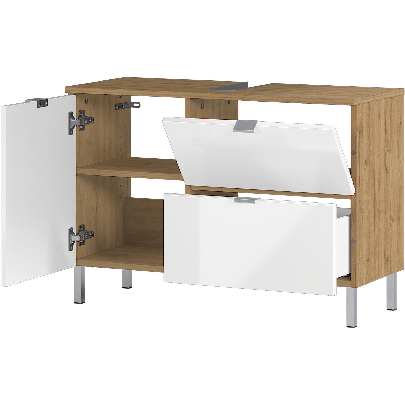 MID.YOU Waschtischunterschrank MAURESA Moderner Unterschrank aus Holz mit weißen Türen, teilweise geöffnet, seitliche Perspektive