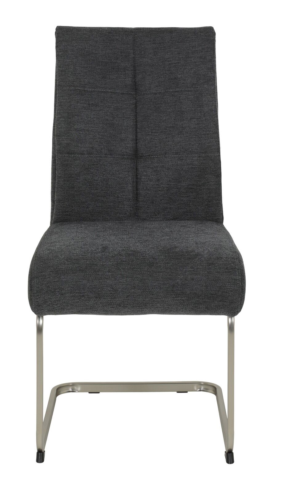 Frontansicht eines modernen Schwingstuhls mit grauem Stoffbezug und Metallgestell.