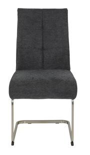 Frontansicht eines modernen Schwingstuhls mit grauem Stoffbezug und Metallgestell.