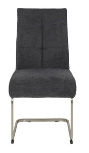 Vooraanzicht van een moderne schommelstoel met grijze stoffen bekleding en een metalen frame.