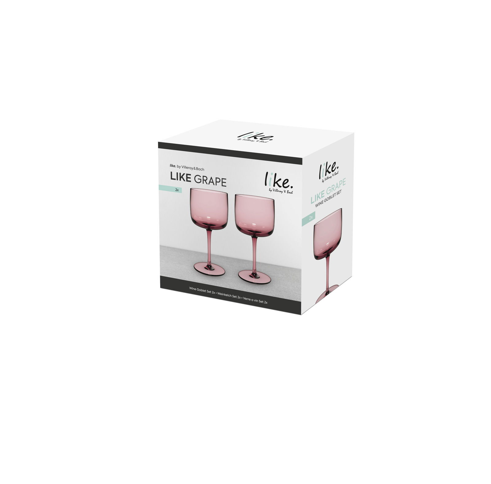 Weinkelch Set 2-tlg. in einer Verpackung mit zwei rosafarbenen Gläsern, seitliche Perspektive