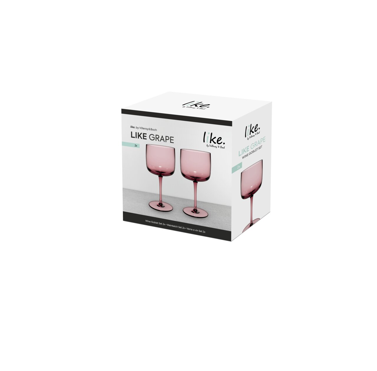 Weinkelch Set 2-tlg. in einer Verpackung mit zwei rosafarbenen Gläsern, seitliche Perspektive