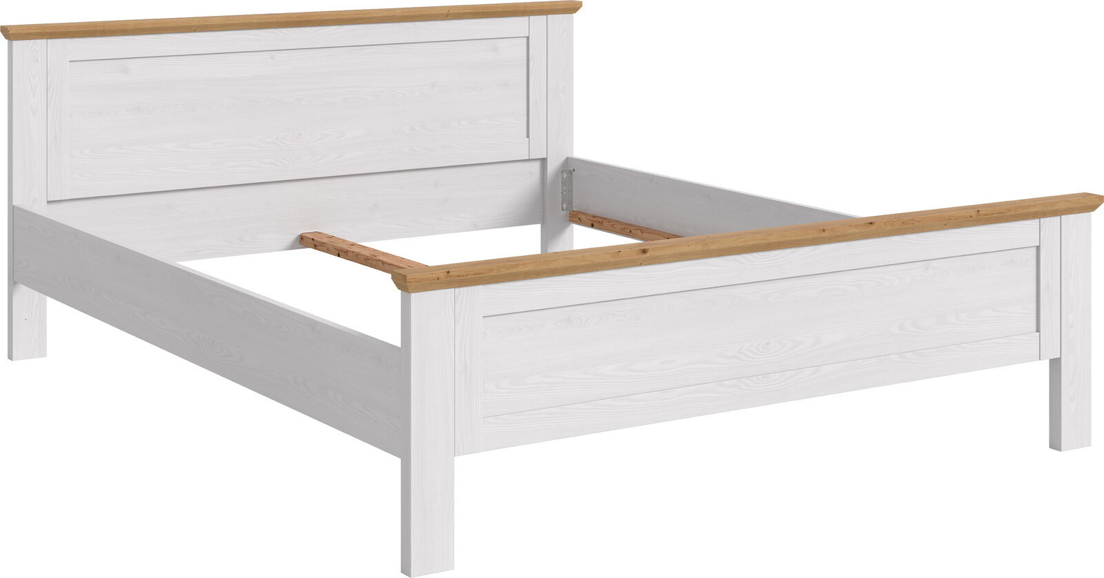 Weißes Holzbettgestell mit naturfarbener Holz-Absetzung an Kopf- und Fußteil, ohne Lattenrost und Matratze, in schräger Frontansicht von vorn rechts freigestellt auf weißem Hintergrund.