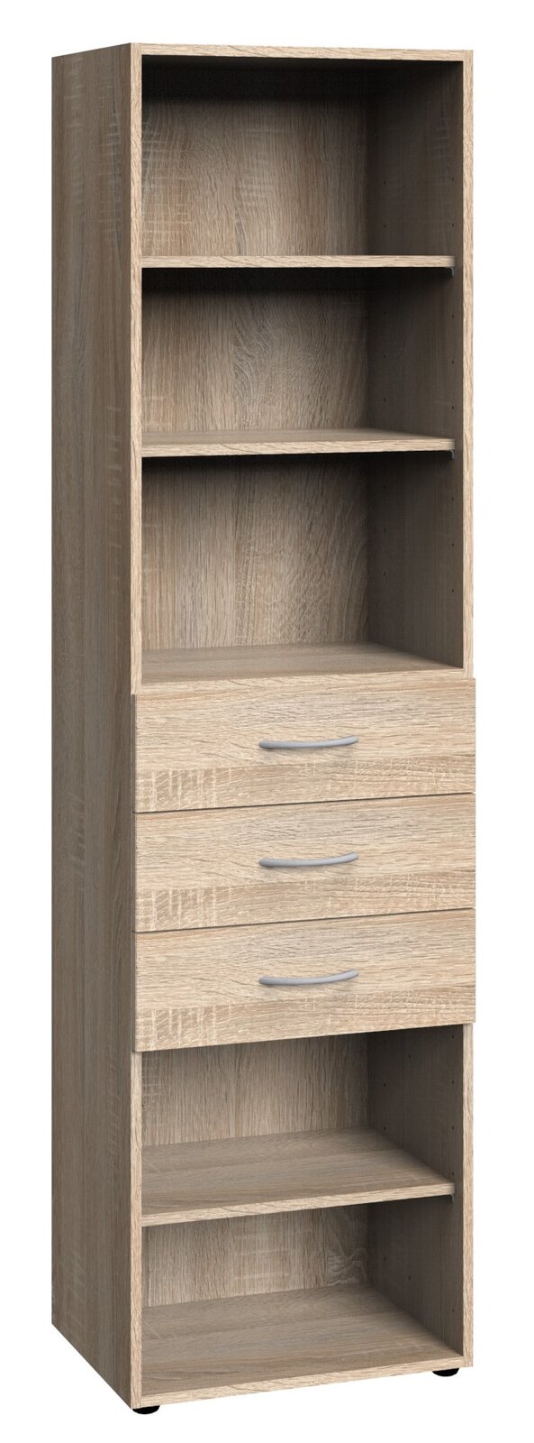 XORA Regal hoch MULTIRAUMKONZEPT Hohes Regal aus Holz mit mehreren offenen Fächern und drei Schubladen, frontal betrachtet.