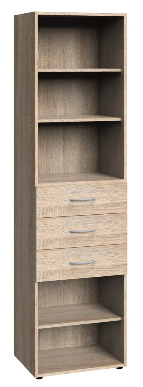 XORA Regal hoch MULTIRAUMKONZEPT Hohes Regal aus Holz mit mehreren offenen Fächern und drei Schubladen, frontal betrachtet.