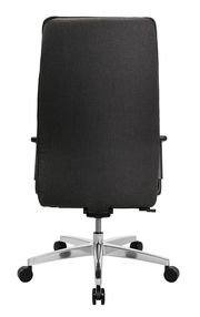 Rückansicht eines XL-Drehstuhls mit schwarzer Rückenlehne und silbernem Fußkreuz auf Rollen.