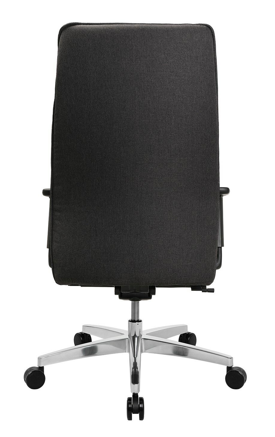 Rückansicht eines XL-Drehstuhls mit schwarzer Rückenlehne und silbernem Fußkreuz auf Rollen.