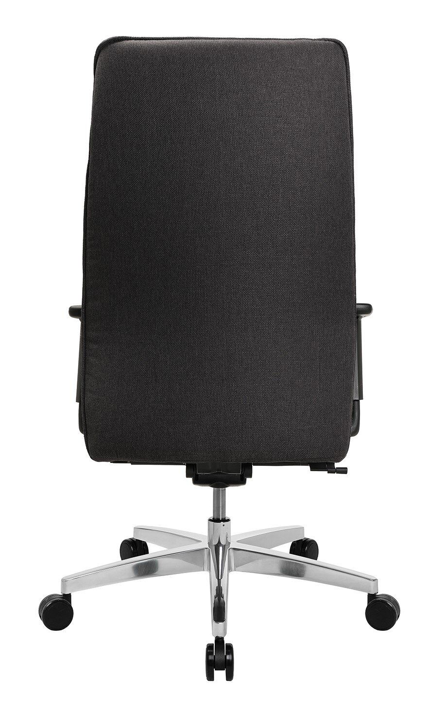 Rückansicht eines XL-Drehstuhls mit schwarzer Rückenlehne und silbernem Fußkreuz auf Rollen.