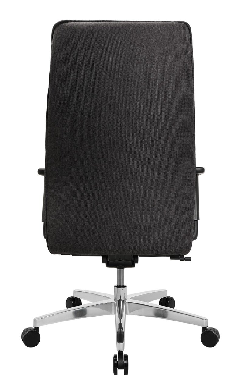 Rückansicht eines XL-Drehstuhls mit schwarzer Rückenlehne und silbernem Fußkreuz auf Rollen.