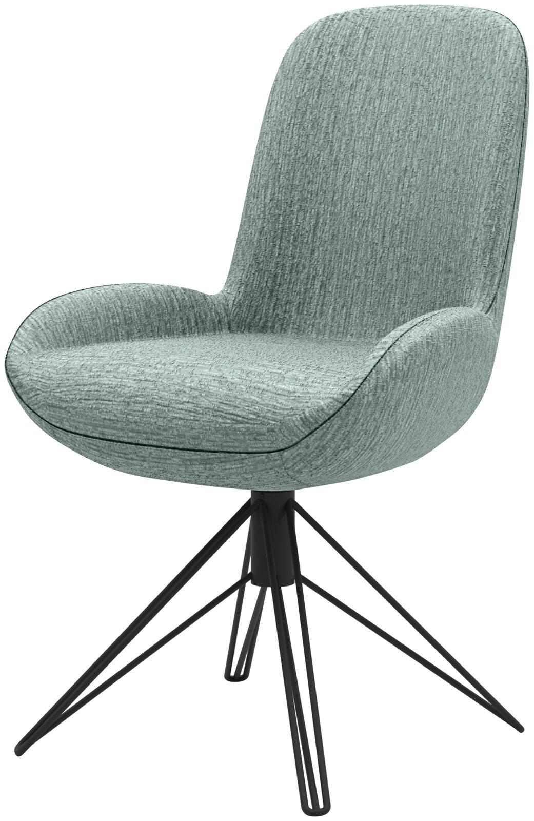 Moderner Stuhl mit grünem Stoffbezug und schwarzem Metallgestell, seitliche Perspektive