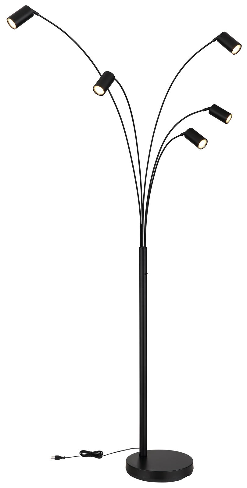 Moderne schwarze Stehleuchte mit fünf verstellbaren Armen, seitliche Perspektive