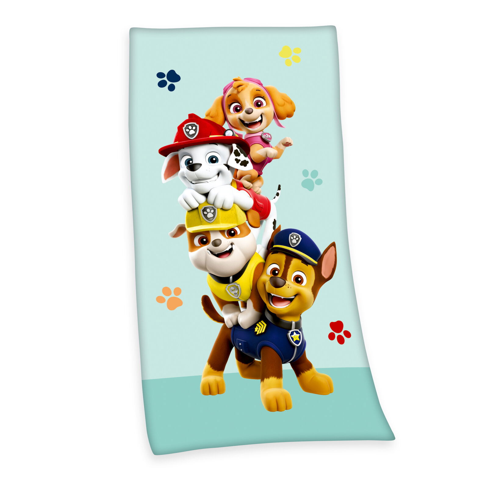 Badetuch mit buntem Paw Patrol Motiv, zeigt vier fröhliche Hunde in einer Pyramide, auf hellblauem Hintergrund mit Pfotenabdrücken, Vorderansicht.