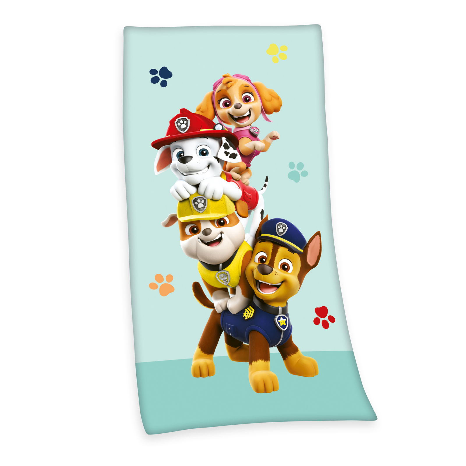 Badetuch mit buntem Paw Patrol Motiv, zeigt vier fröhliche Hunde in einer Pyramide, auf hellblauem Hintergrund mit Pfotenabdrücken, Vorderansicht.
