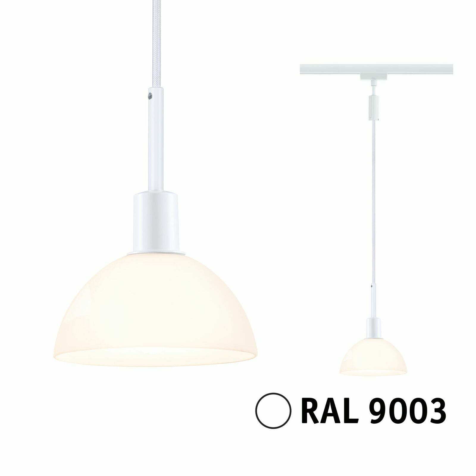 Weißes Schienenpendel Sarrasani von PAULMANN, seitliche Ansicht, mit halbkugelförmigem Lampenschirm und RAL 9003 Farbcode.