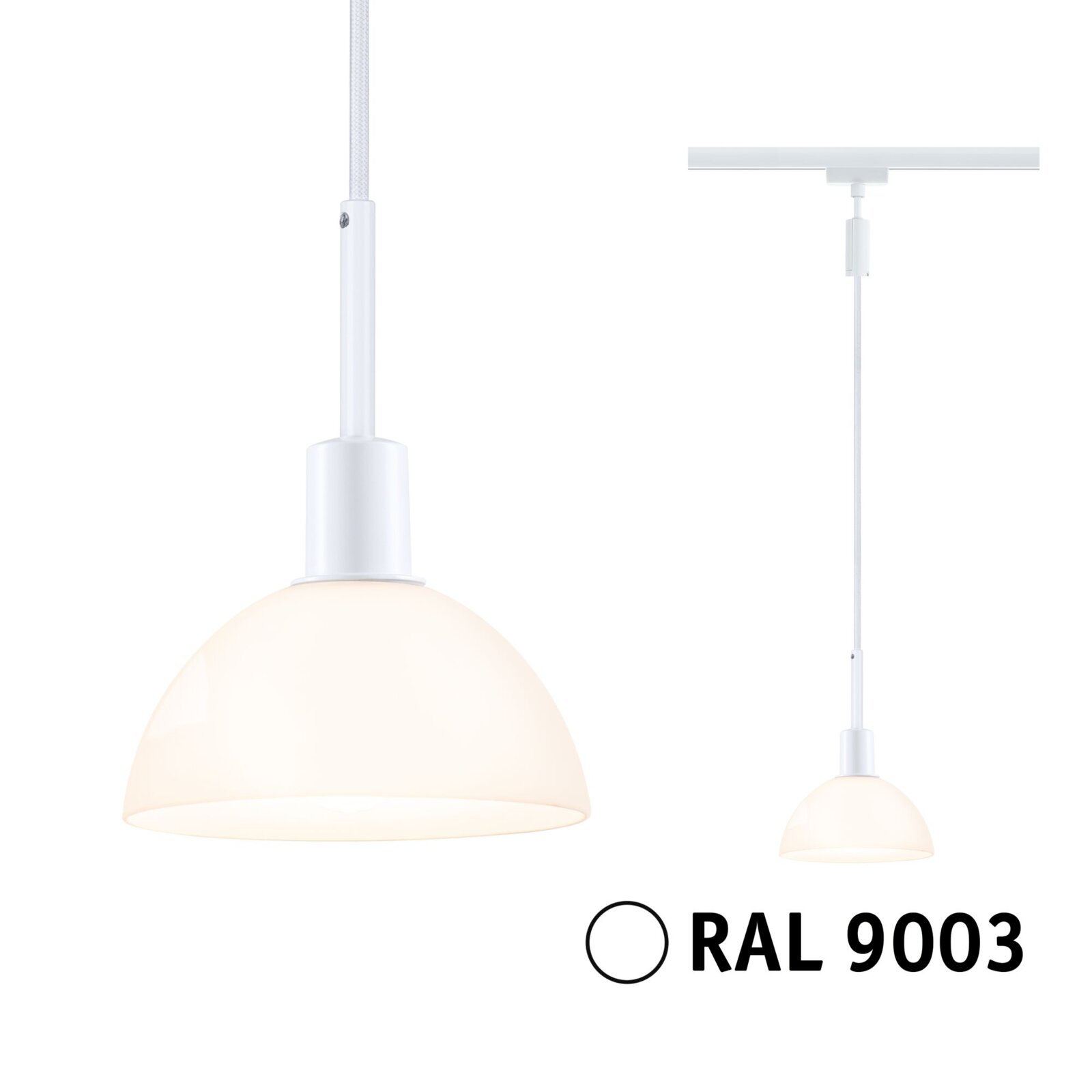 Witte Sarrasani-hanglamp van PAULMANN, zijaanzicht, met halfronde lampenkap en kleurcode RAL 9003.