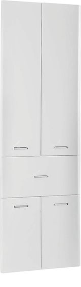 Hochschrank in weißer Farbe mit mehreren Türen und Griffen, Frontalansicht