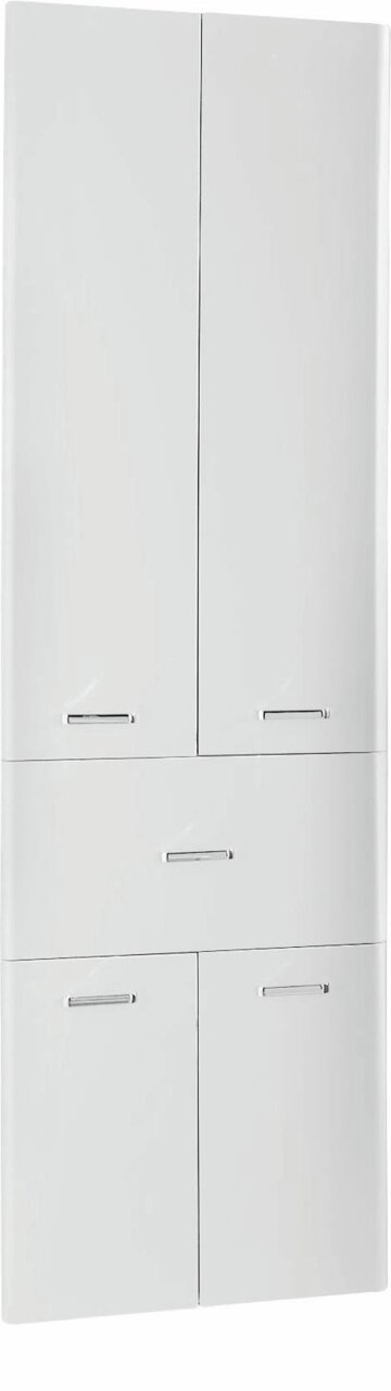 Hochschrank in weißer Farbe mit mehreren Türen und Griffen, Frontalansicht