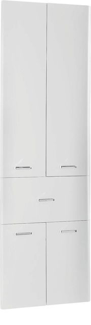Hochschrank in weißer Farbe mit mehreren Türen und Griffen, Frontalansicht