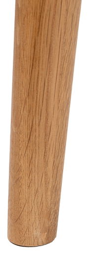 Nahaufnahme eines Tischbeins aus Holz mit sichtbarer Maserung.