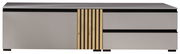 Frontansicht eines modernen TV-Lowboards mit grauer Oberfläche und vertikalen Holzelementen in der Mitte.