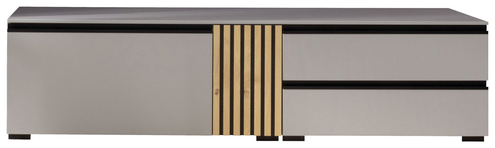 Frontansicht eines modernen TV-Lowboards mit grauer Oberfläche und vertikalen Holzelementen in der Mitte.
