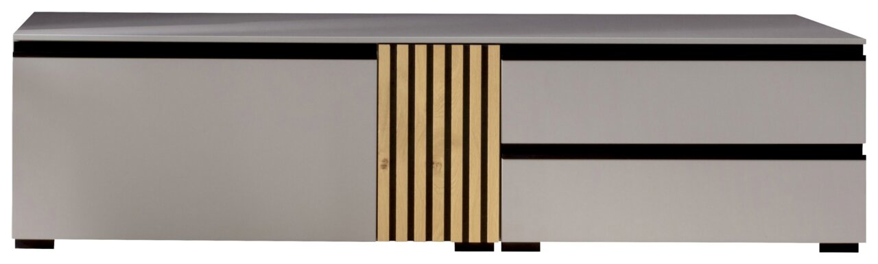 Moderano Tv-kast ARTA Vooraanzicht van een modern tv-lowboard met een grijze afwerking en verticale houten elementen in het midden.