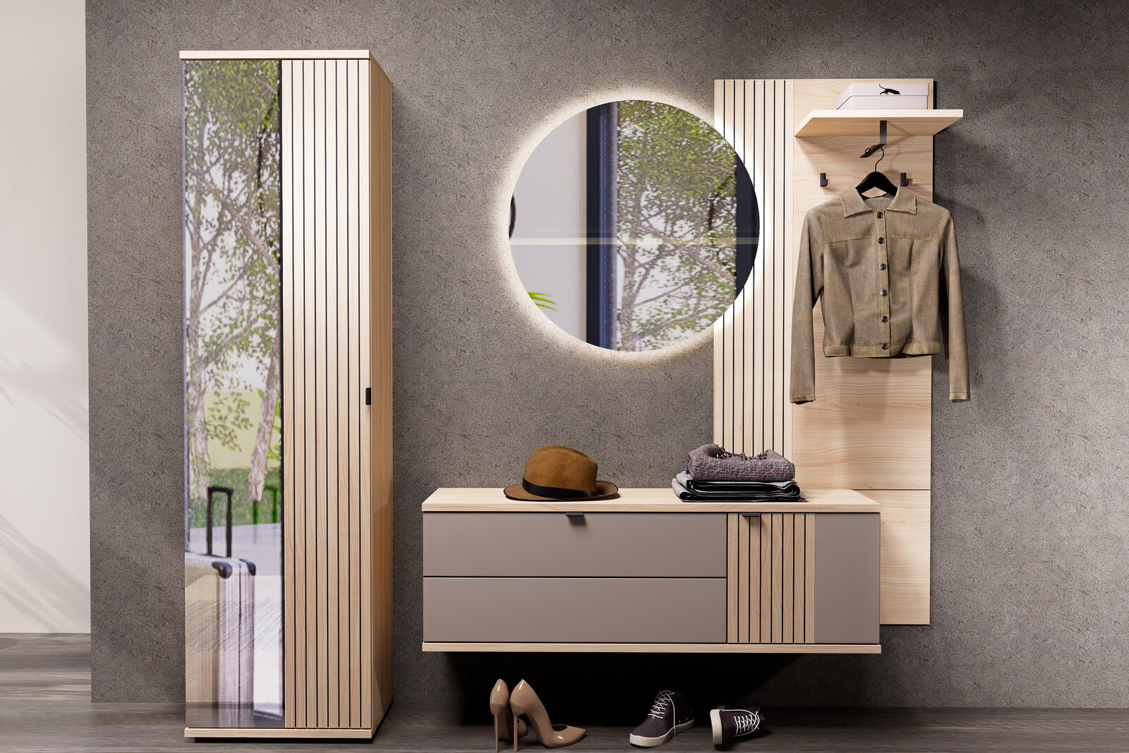 Modernes Flur-Garderobenmöbel-Set in hellem Holz und Taupe mit hohem Schrank, schwebender Kommode, runder beleuchteter Spiegel und Garderobenpaneel mit Haken und Ablage, frontal aus leichter Schrägperspektive