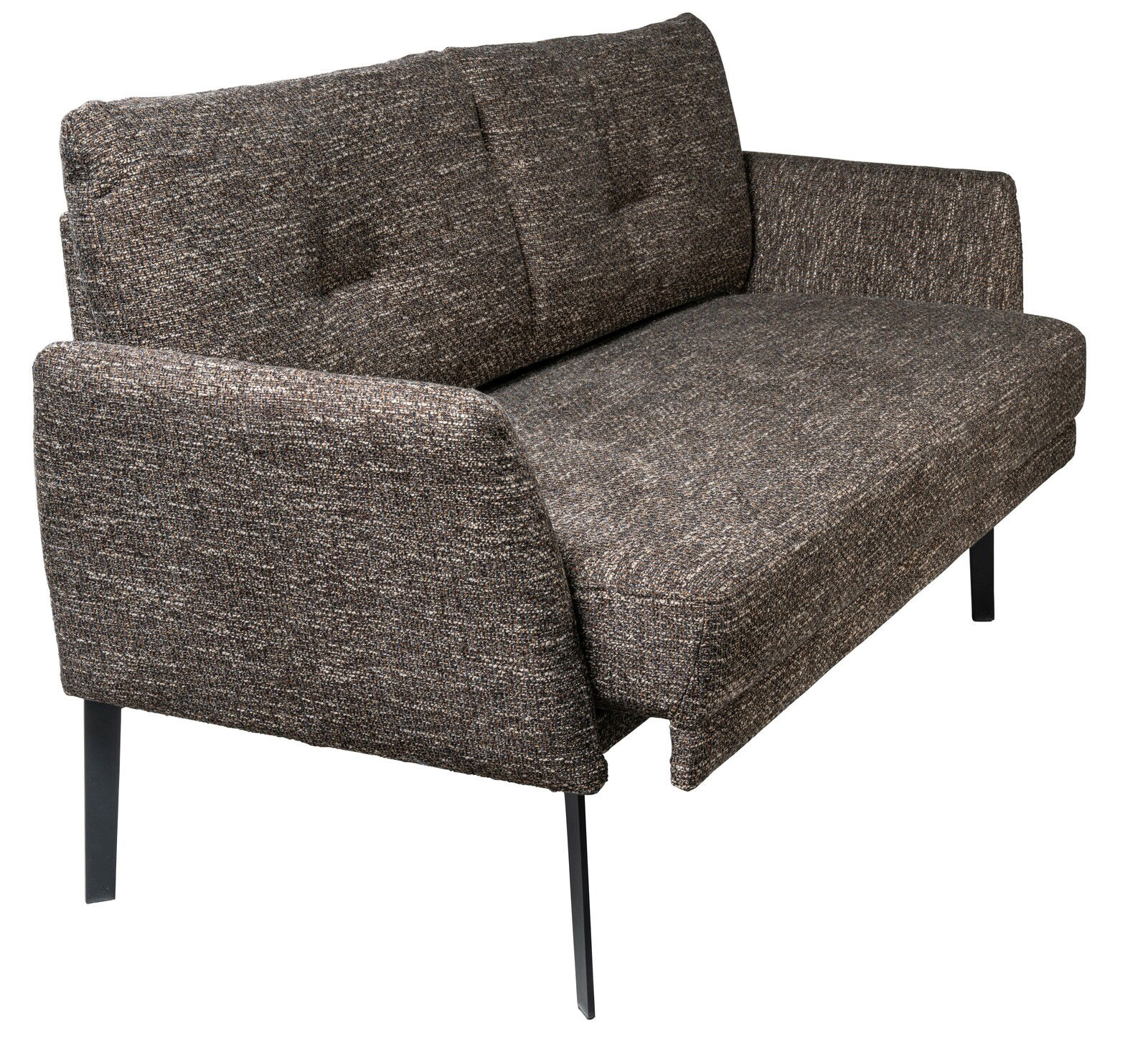 Zweiersofa mit braunem Stoffbezug und schwarzen Metallbeinen, seitliche Perspektive