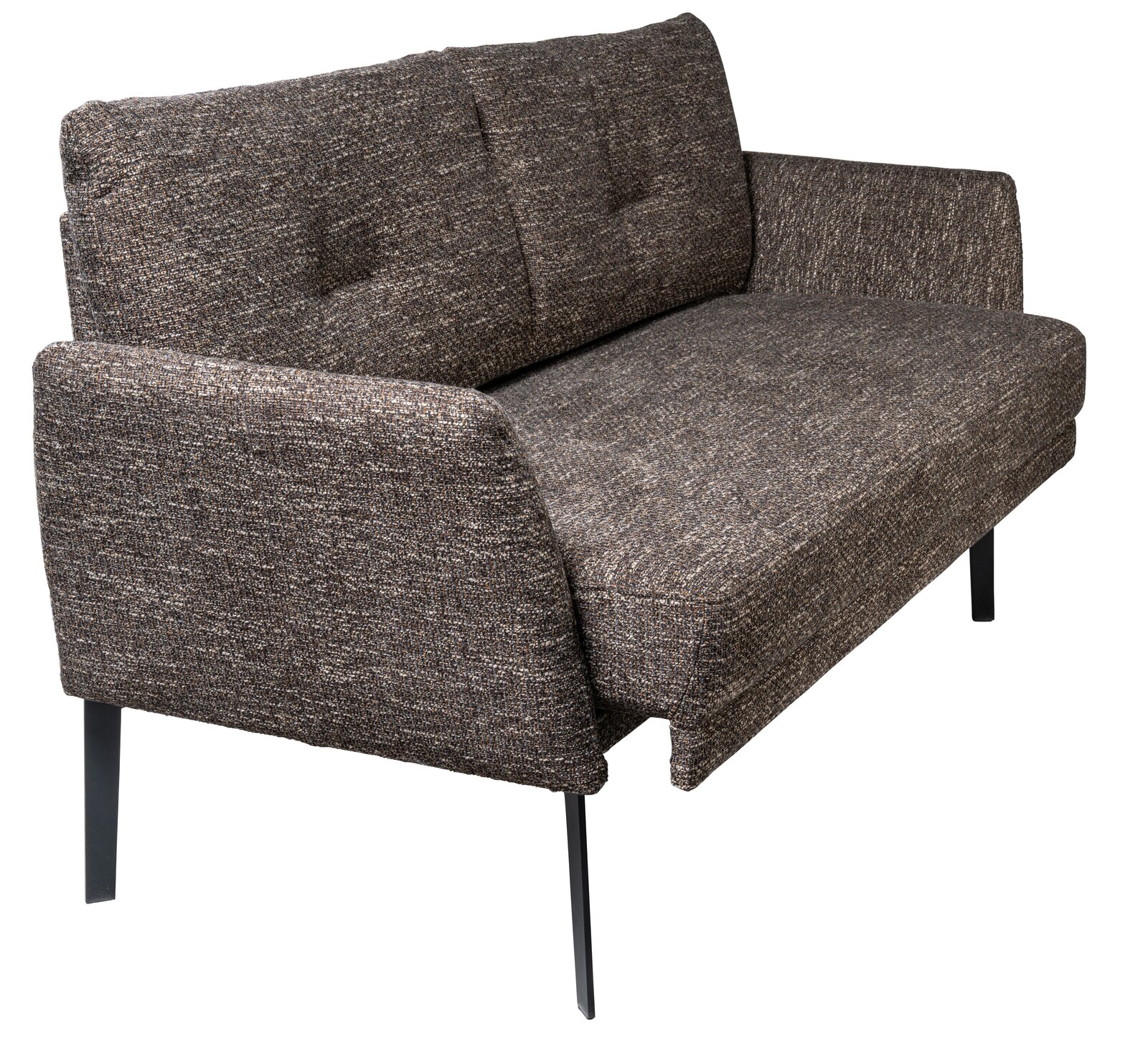 Zweiersofa mit braunem Stoffbezug und schwarzen Metallbeinen, seitliche Perspektive