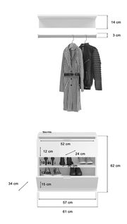 Garderobenkombination bestehend aus einer Wandablage mit Kleiderstange und einem Schuhschrank mit mehreren Fächern, frontal abgebildet.