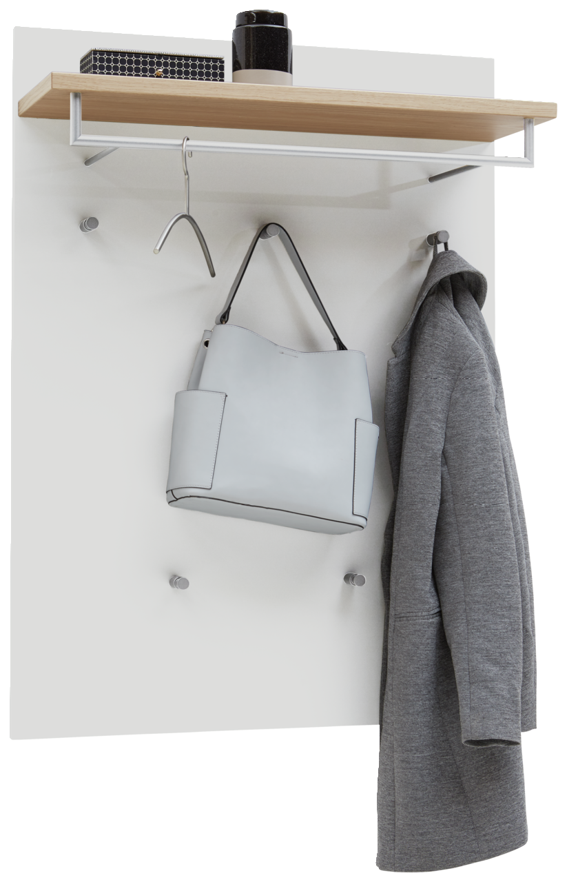 Garderobenpaneel mit Holzablage, Kleiderhaken und Kleiderstange, frontal abgebildet. Inklusive grauem Mantel und Tasche.