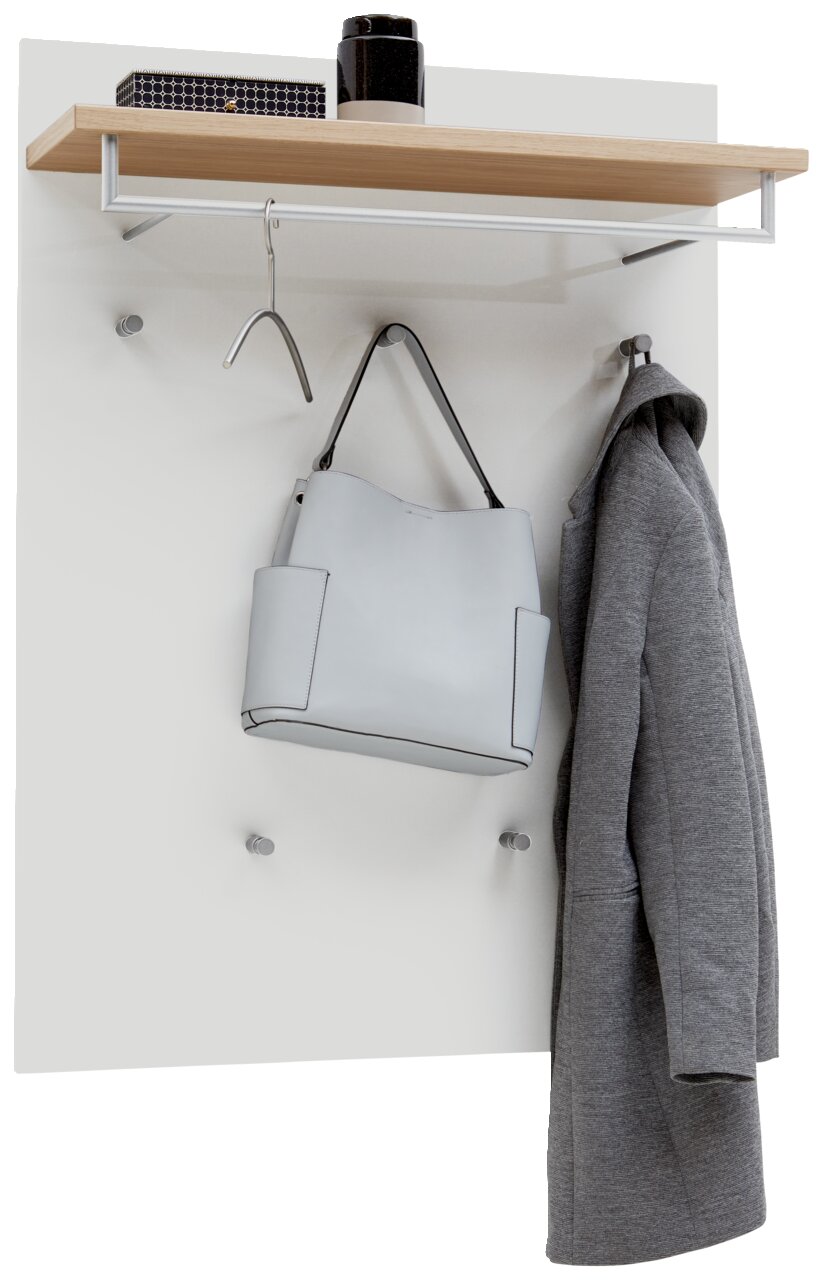 Dieter Knoll Garderobenpaneel SORRENT Garderobenpaneel mit Holzablage, Kleiderhaken und Kleiderstange, frontal abgebildet. Inklusive grauem Mantel und Tasche.