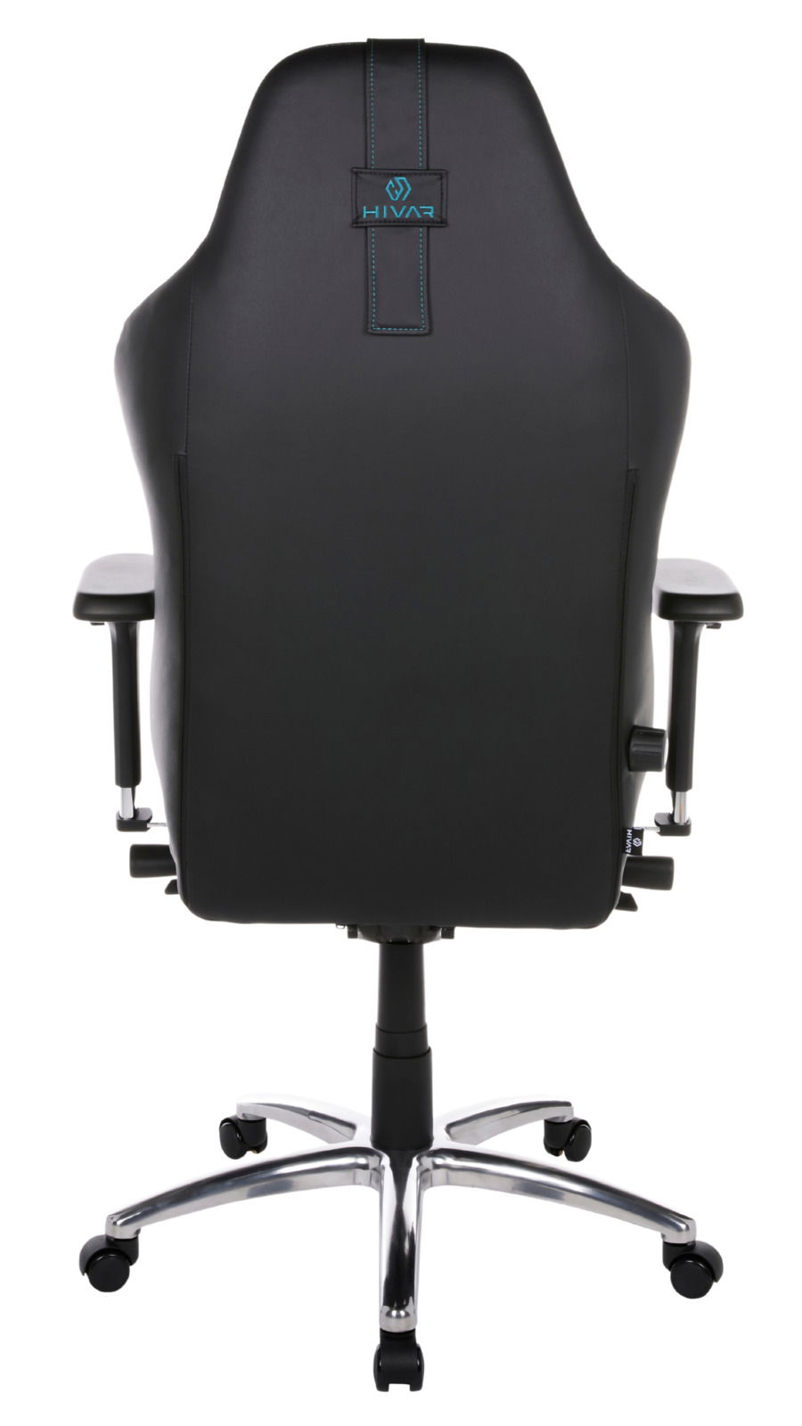 Rückansicht eines schwarzen Gaming-Stuhls mit blauen Nähten und einem stabilen Metallfuß.